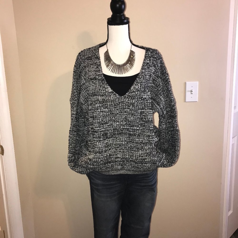 Truehitt Deep V Neck Black &White Marled Sweater